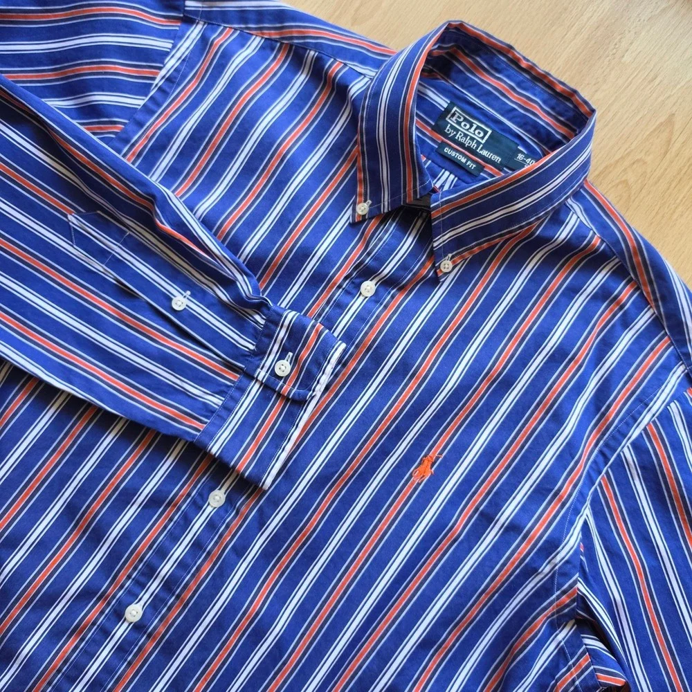 Polo Ralph Lauren Vintage Mens Custom Fit Striped Button Down Shirt Blue Red L‎